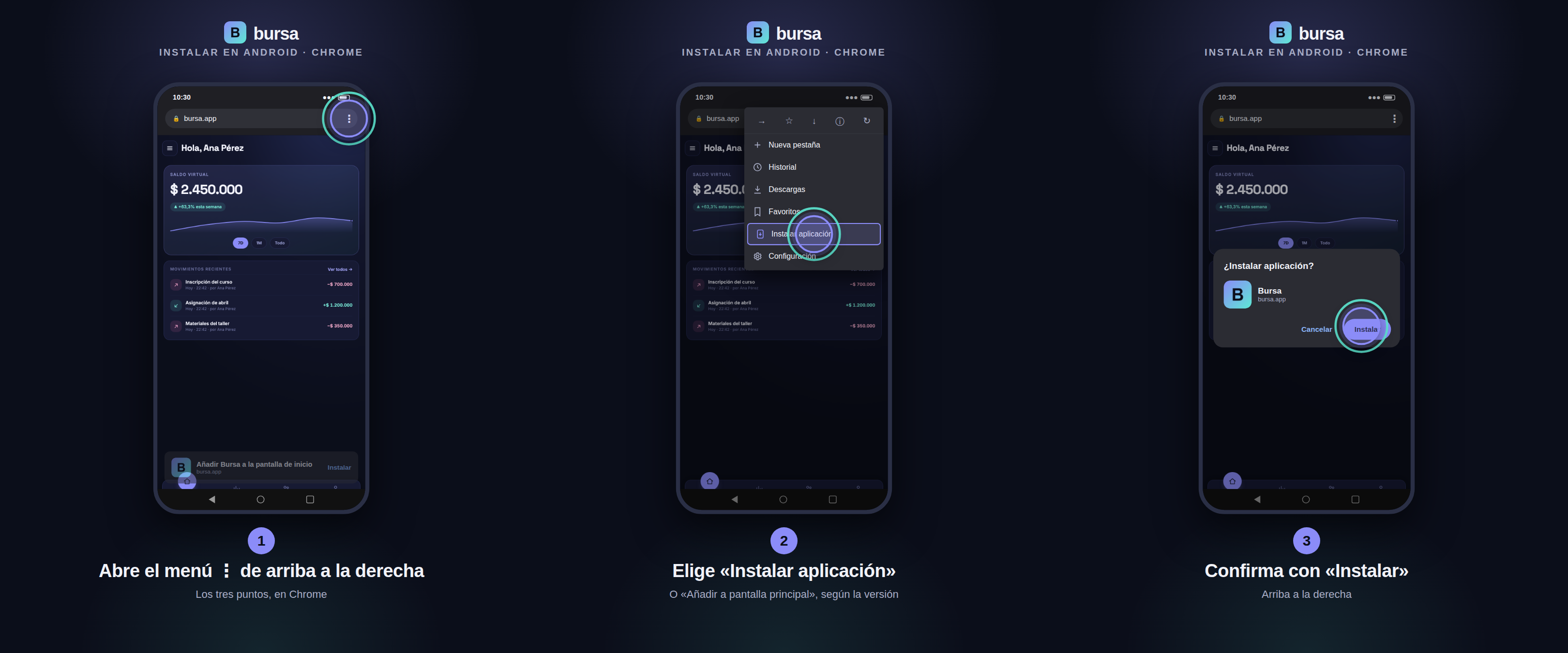 Cómo instalar la app en Android: abrir los tres puntos, elegir «Instalar aplicación» y confirmar con «Instalar».
