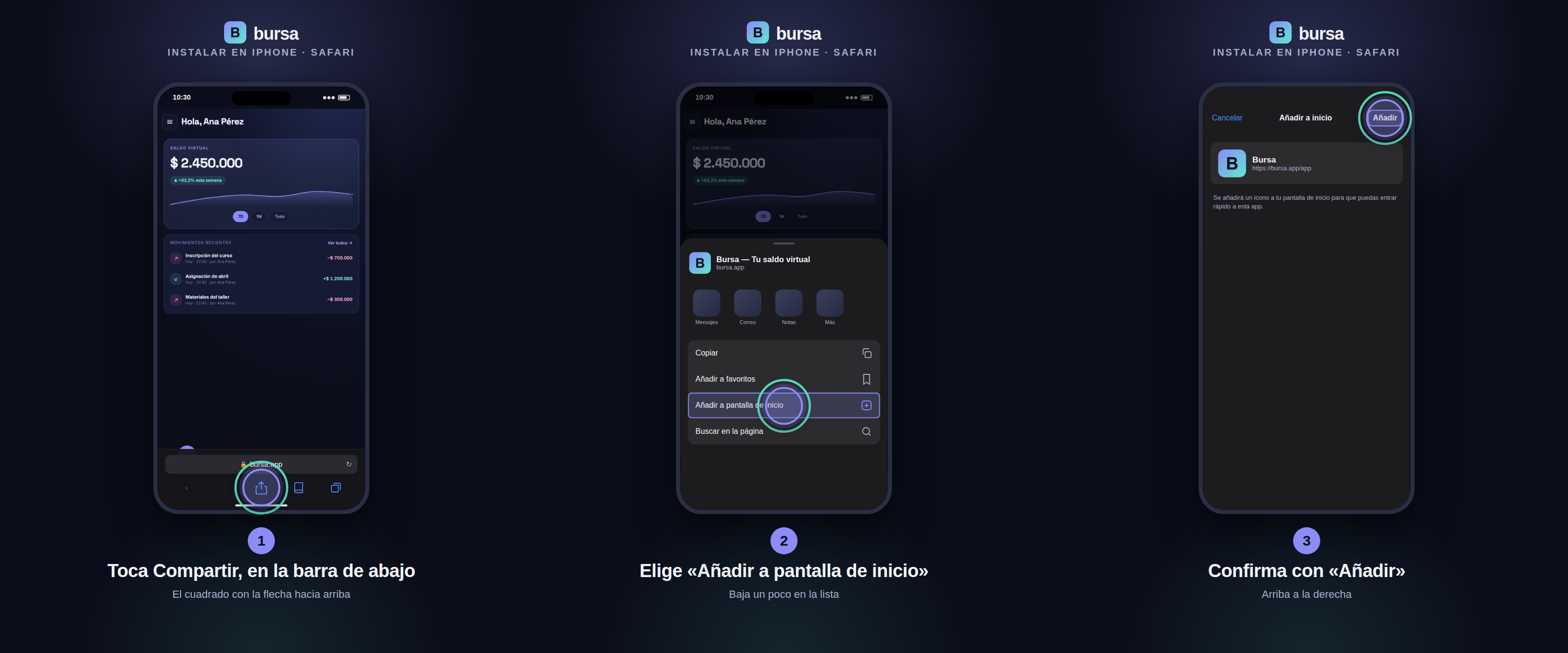 Cómo instalar la app en iPhone: tocar Compartir, elegir «Añadir a pantalla de inicio» y confirmar con «Añadir».